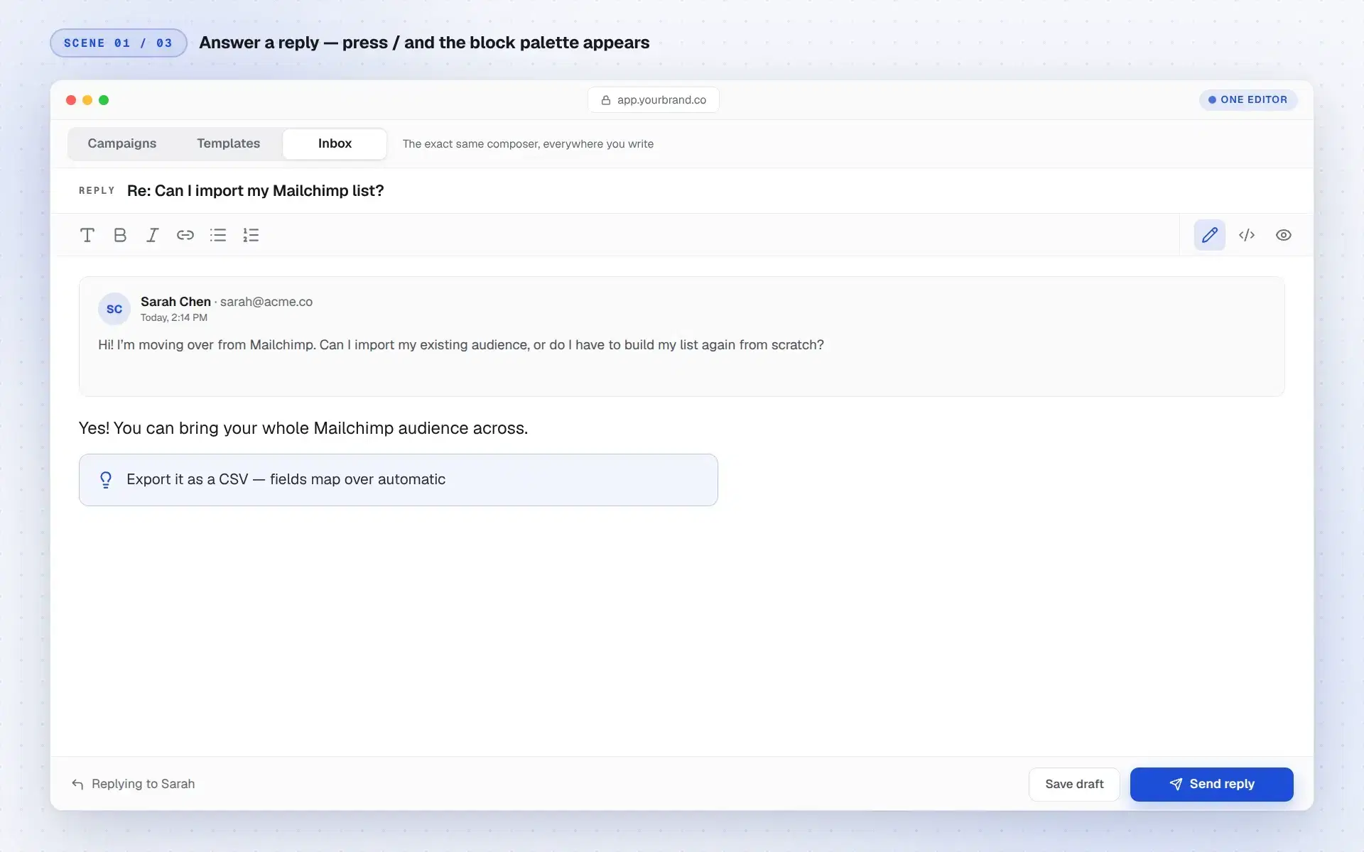 The sendbunny composer answering an inbox reply, with the slash-command block palette open