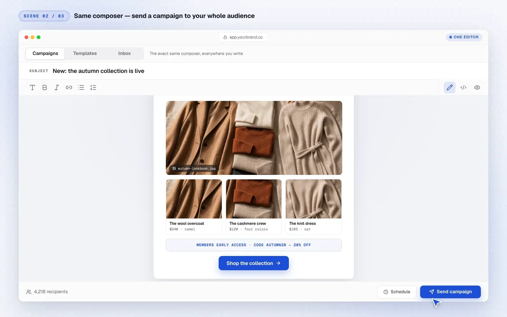 A designed campaign email in the composer: lookbook hero image, three product cards, promo code strip, and a Shop the collection button