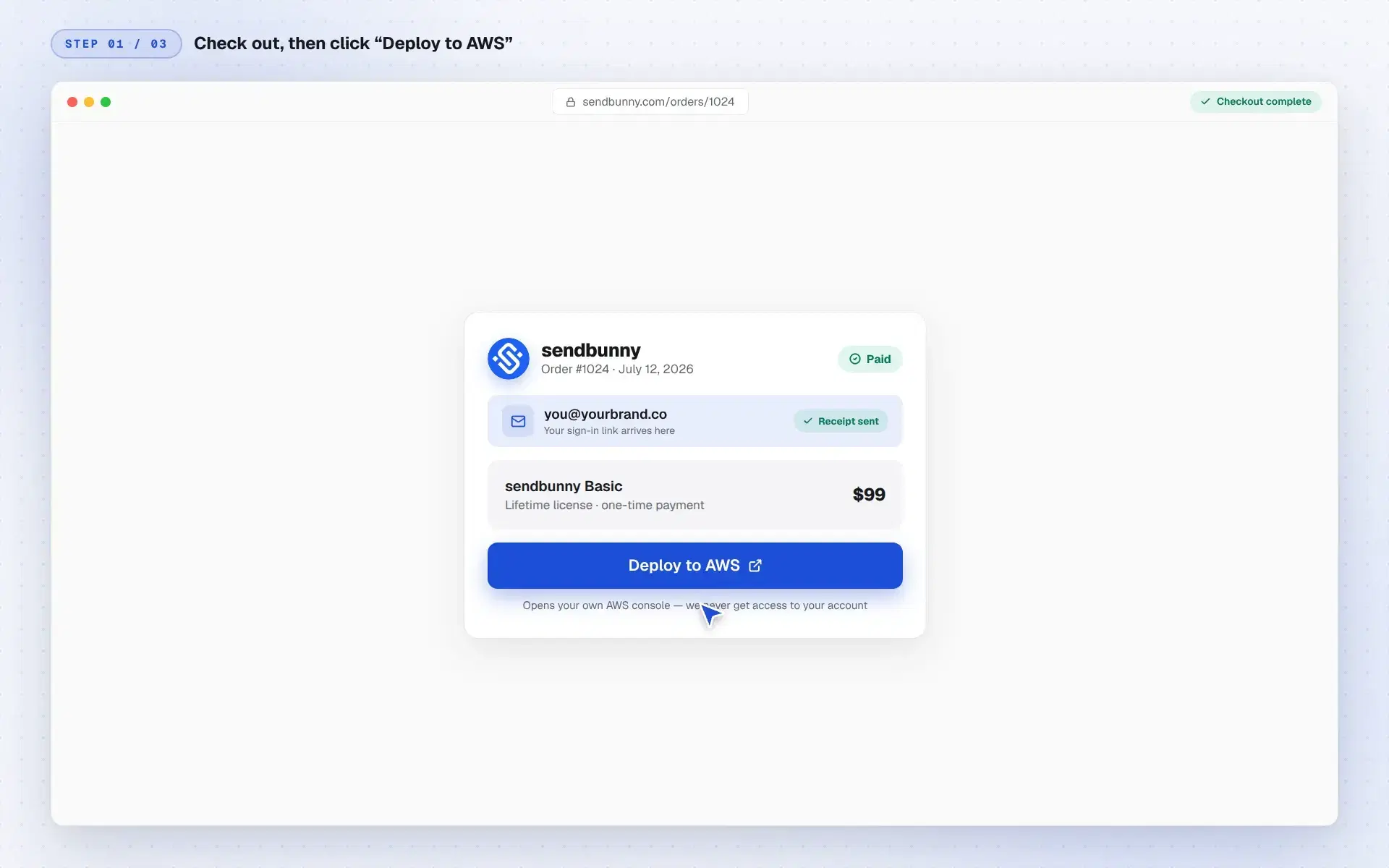 The sendbunny order page with a paid order, the buyer's email on file, and a Deploy to AWS button