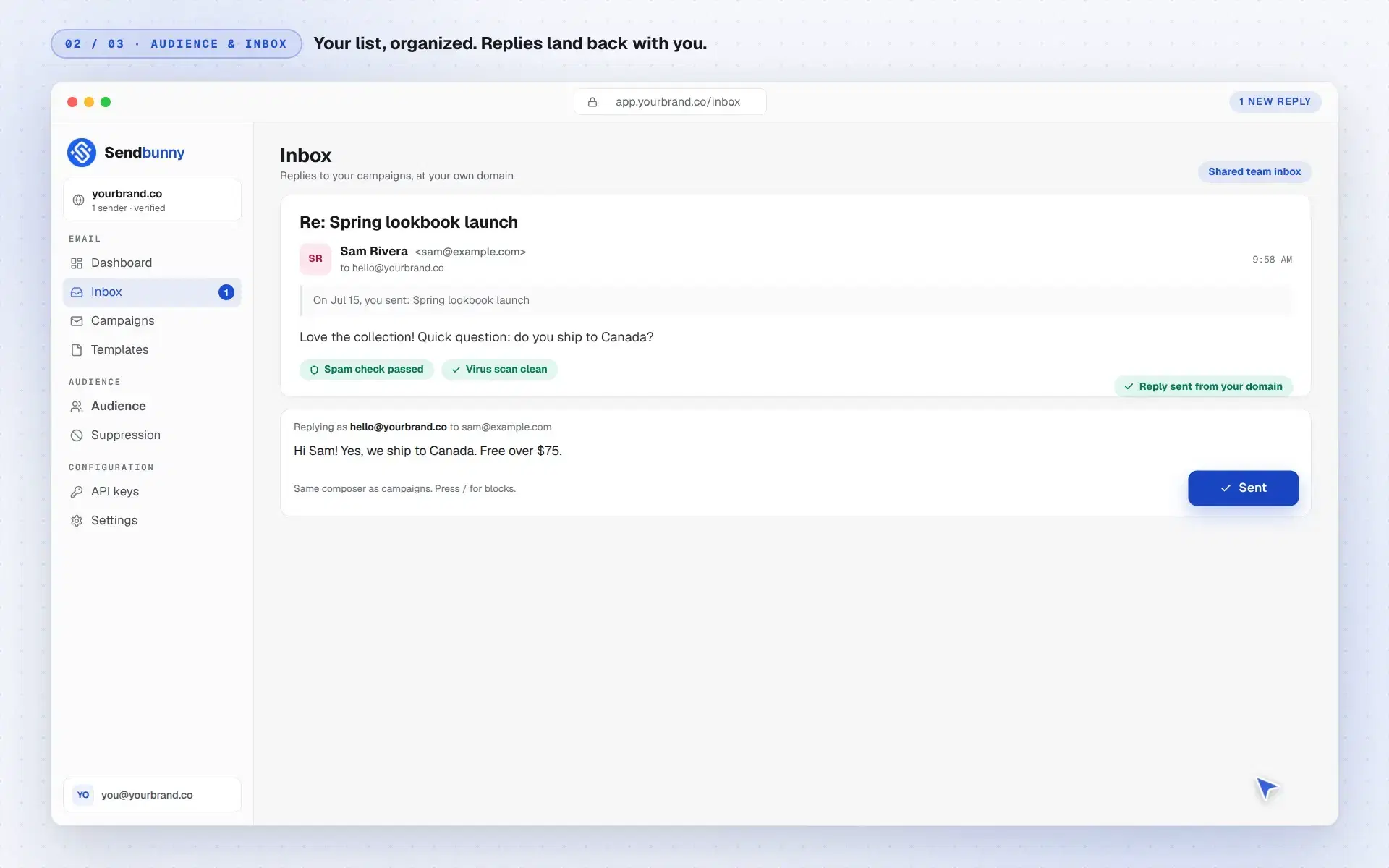 The sendbunny team inbox answering a customer reply to a campaign, with spam and virus checks passed