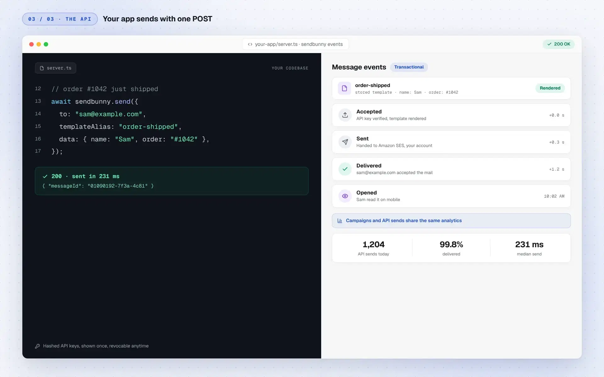 Application code sending an order-shipped email through the sendbunny API beside the live message event trail
