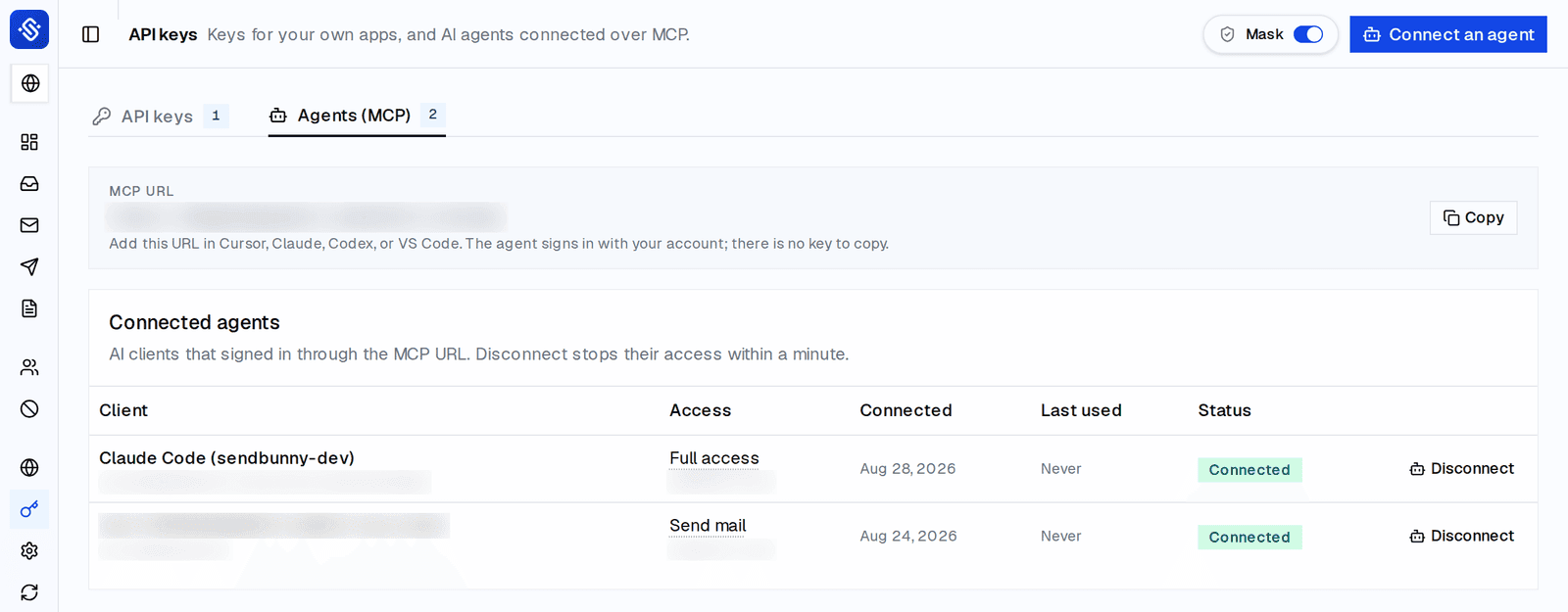 The Agents (MCP) tab of a SendBunny install. Two connected clients are listed, one with Full access and one with Send mail, each limited to one domain, with the date connected, last used, a Connected status and a Disconnect button. The install hostname and account identifiers are blurred.