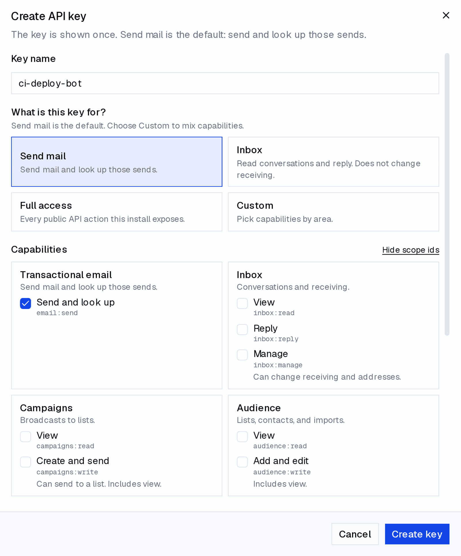 Create API key dialog on a SendBunny install with the Send mail preset selected, scope ids visible, and only the email:send capability checked.