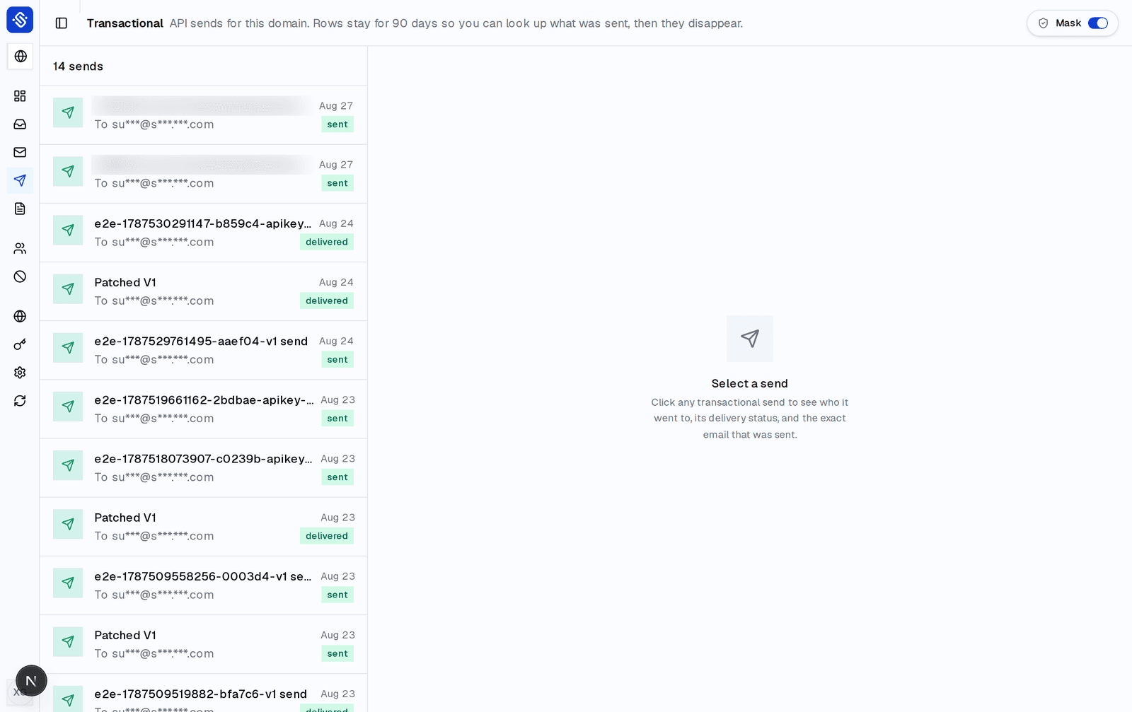 SendBunny transactional list showing per-send delivery status from SES-side events, which stops at ISP accept and does not show Outlook inbox placement.