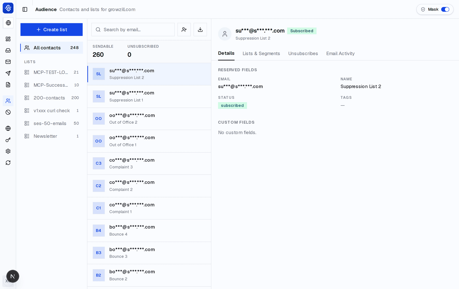 SendBunny audience screen with 248 contacts across six lists and a contact record showing status subscribed, held in the customer's own AWS account